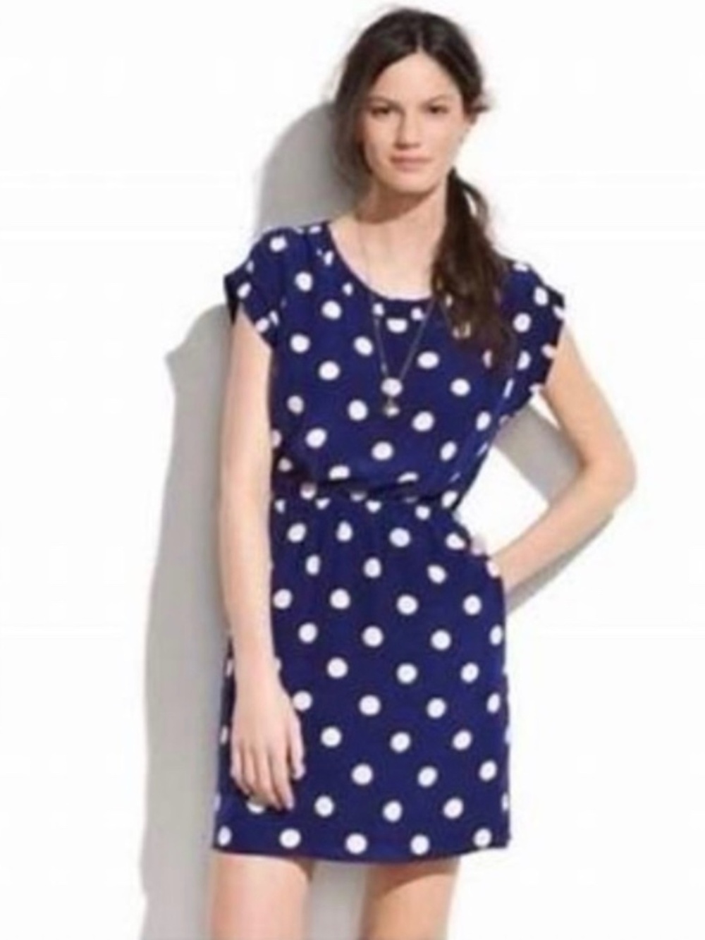 Madewell Broadway & Broome Silk Dotty Dress Navy Blue Polka Dot Pocket Sze Small